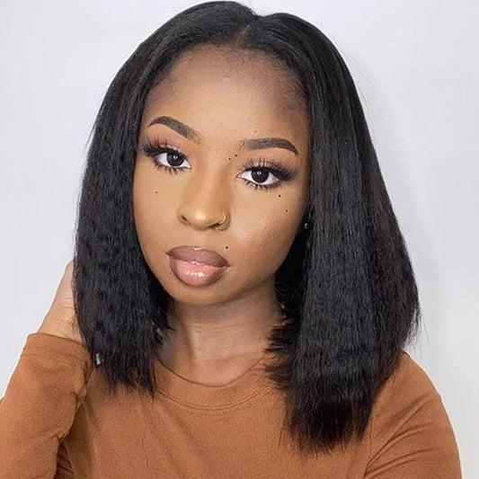 Thin V Part Wig Kinky Straight Bob Human Hair Wigs Without Leave Ou - Seyna Hair