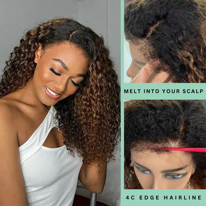 4C Kinky Edge Natural Hairline Wig - 13x4 Undetectabl Lace Frontal Curly Ombre Brown  Wig - Seyna Hair