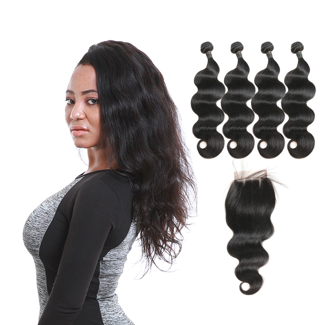 4 Bundles With 4x4 Transparent Lace Closure Body Wave Brazilian 100% Virgin Human Hair - Seyna Hair